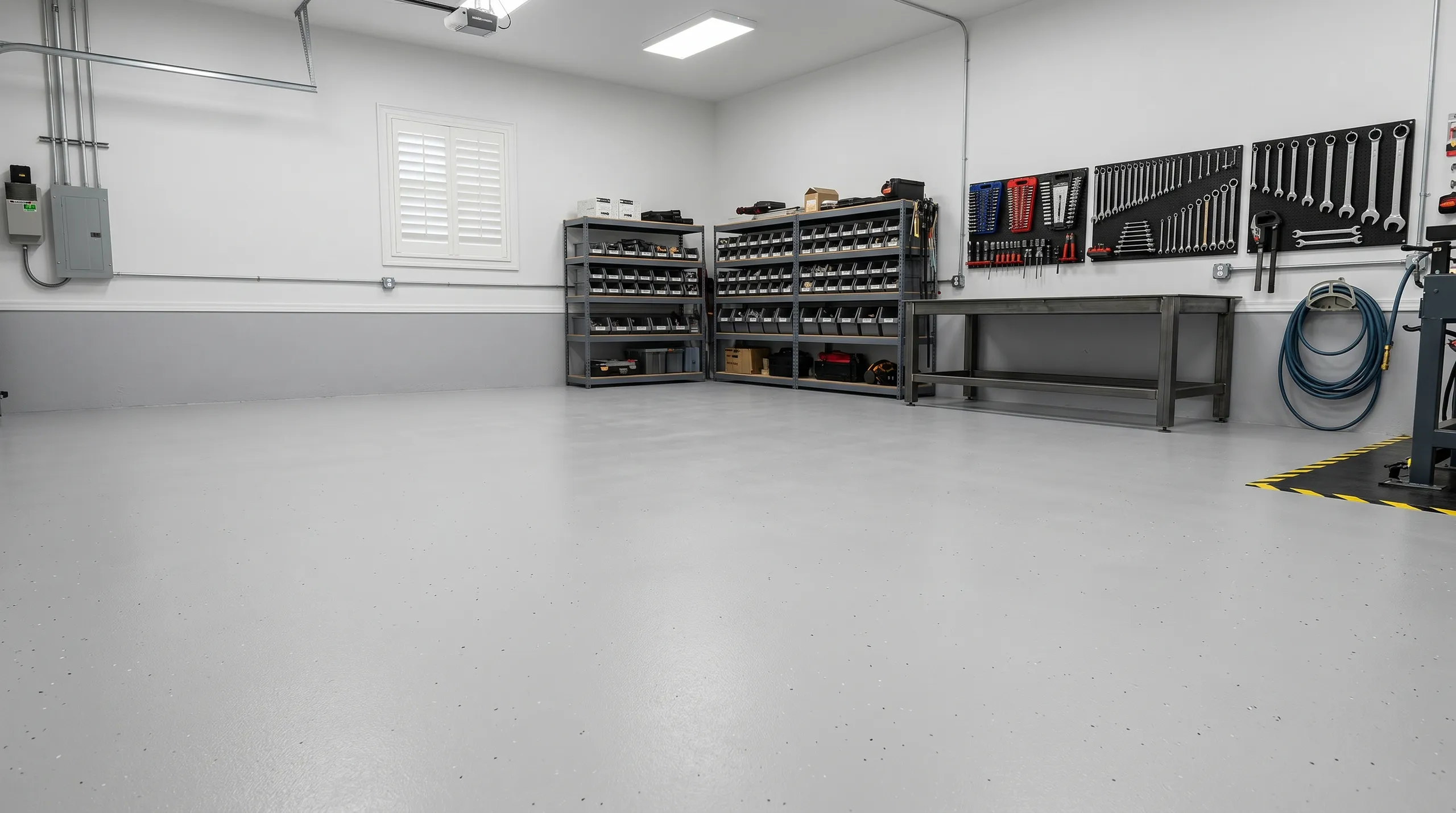 Professioneller Epoxidharzboden in einer Garage, hell und gut gepflegt