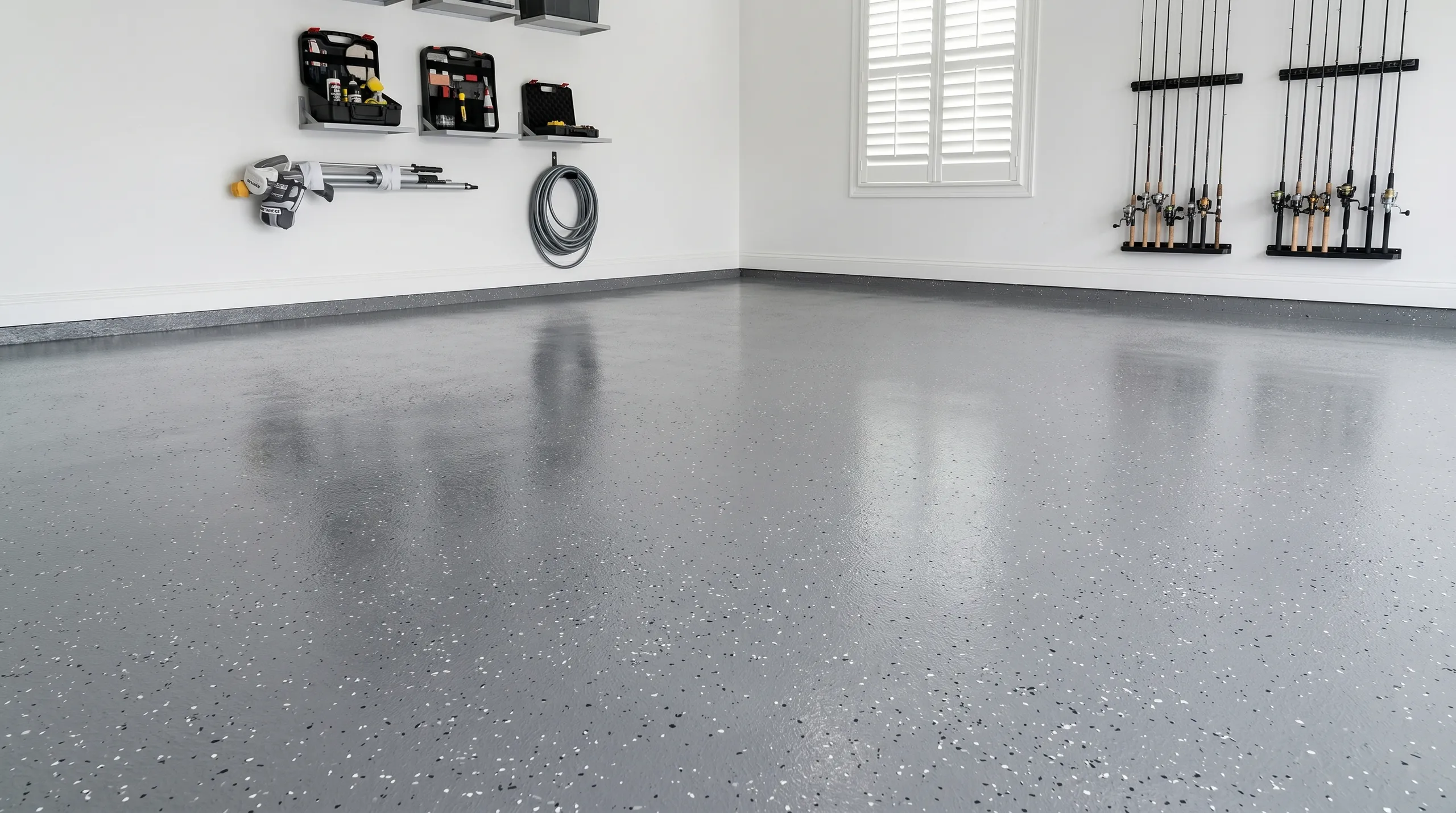 Glatte Epoxidharz Beschichtung in einer modernen Garage mit Werkzeugablage