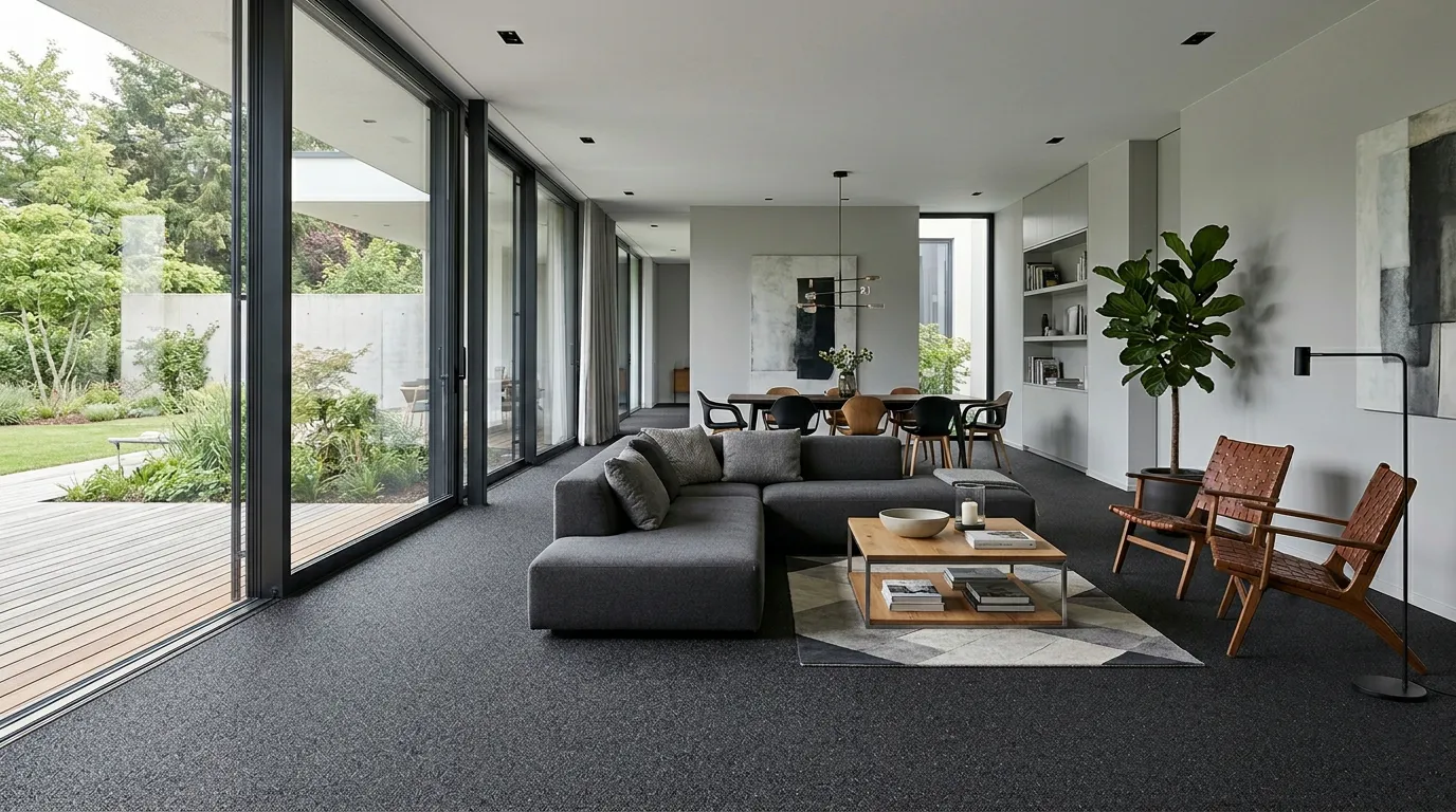 Moderne Terrasse mit Steinteppich, elegantes Wohnzimmer mit großen Fenstern